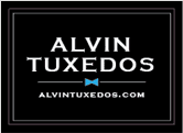 A black and white logo for alvin tuxedos.