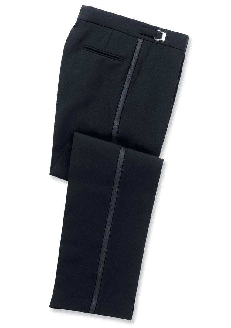 A pair of black pants with a gray stripe on the bottom.